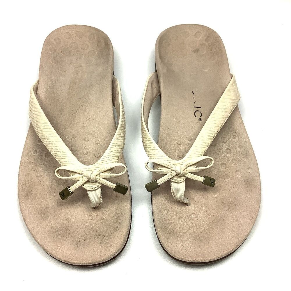 Vionic Bella II Lizard Cream Sandals Women 8 Thong Slide Flip Flop Bow Beach
